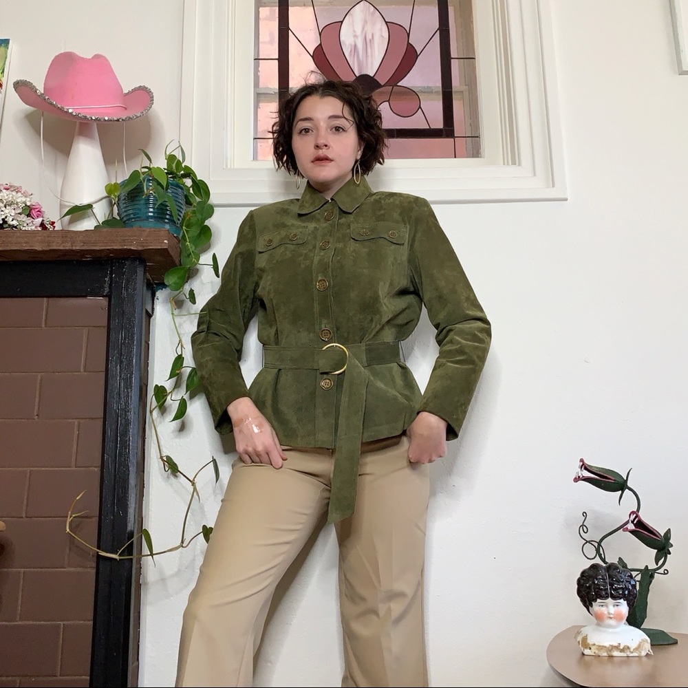 Vintage 1990s/Y2K Olive Green Belted Suede Jacket